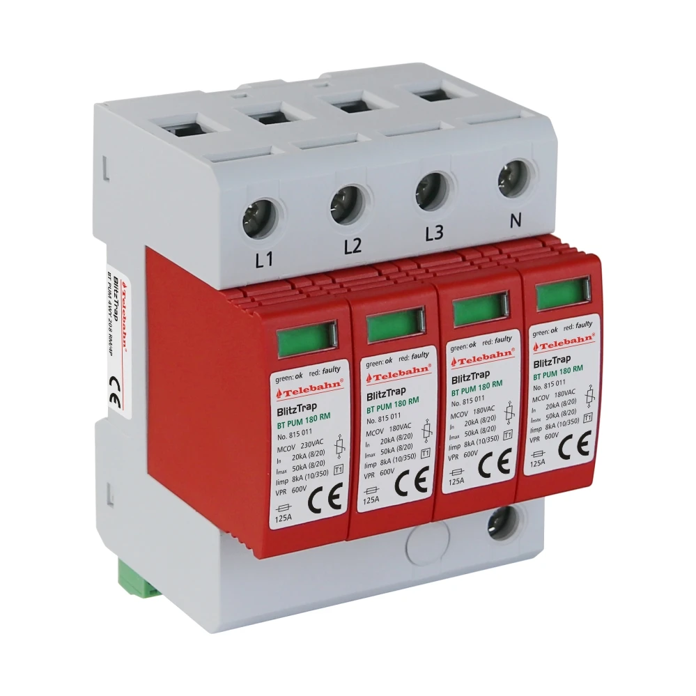 Telebahn 120V/208V 180V/360V 4P AC 20kA 50kA 200kA 3 Phase 3Wye 4W+G Electrical System SPD Surge Lightning Arrester Protector