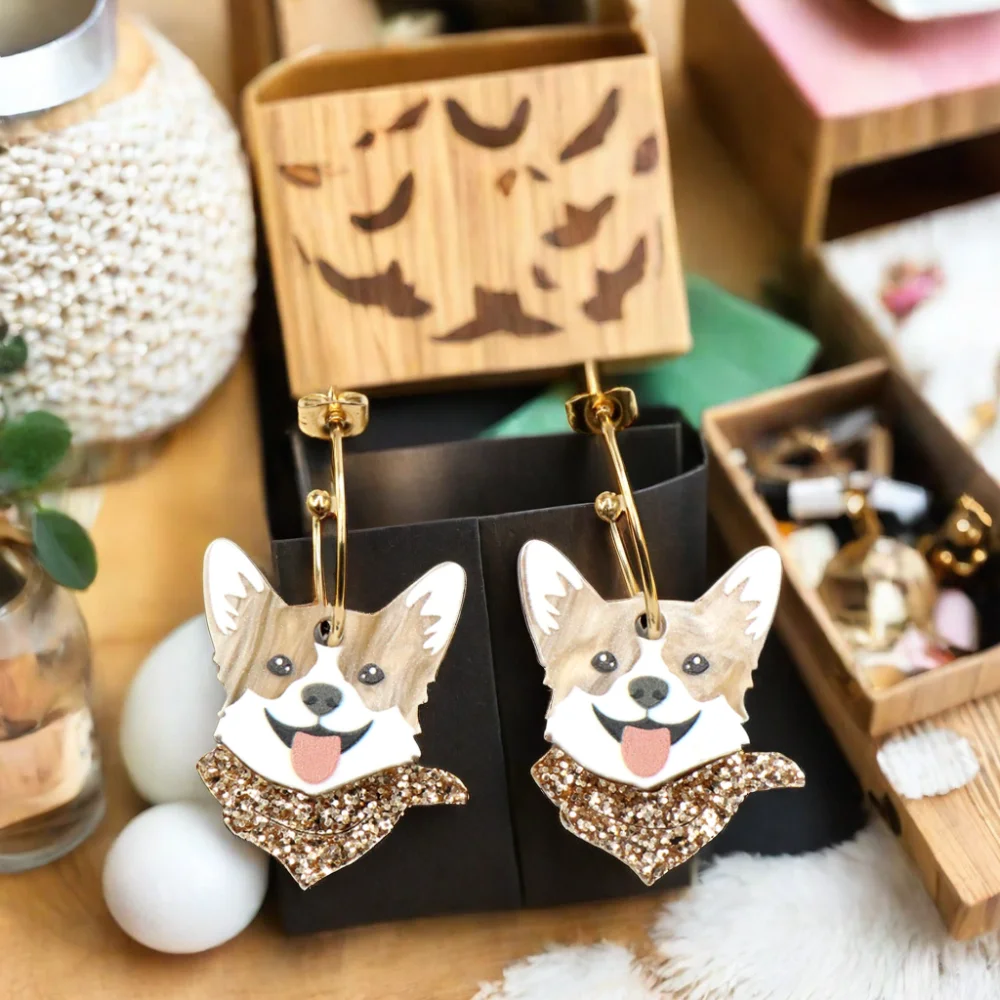 Cute Corgi Dog Acrylic Hoop Earrings for Women High Quality Trendy Animal Jewelry Yellow Gold Rhinestone Free Sample Available supplier