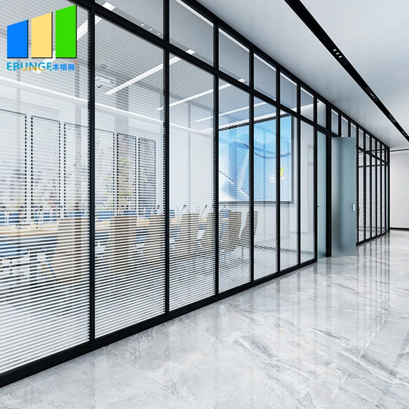 Sound Proof Office Wall Frosted Modular Aluminum Frame Glass Partition Door Double Glass Partition Wall for Office