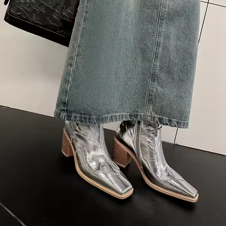 Genuine Leather Cowboy Short Boots Metallic Silver 7cm Block Heel Women Western Boot - Image 3