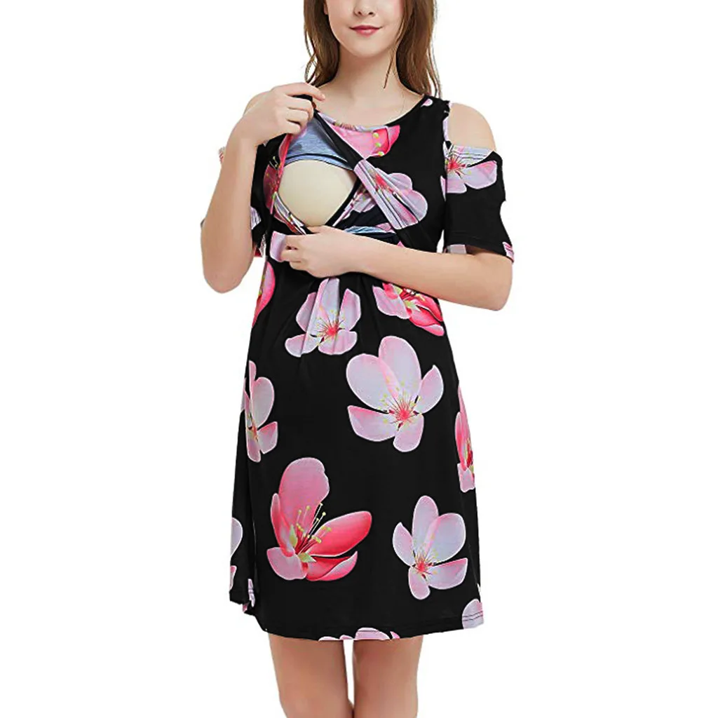 Maternity Nightdress For Women Short Sleeve Floral Print Casual Dress For Pregnancy Lactation