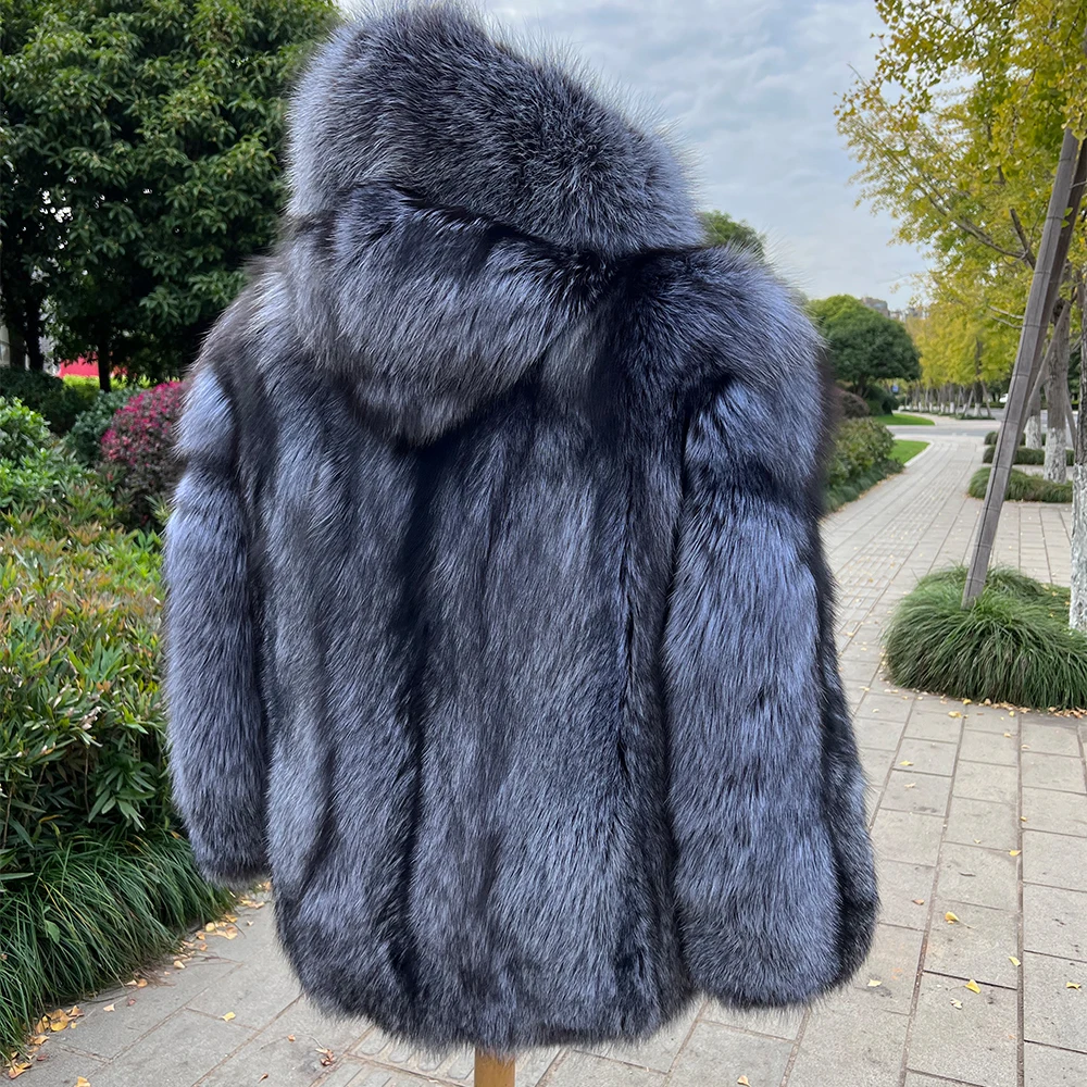Saga Fox Men Luxury Real Silver Fox Fur Coat For Men Warm Long 
