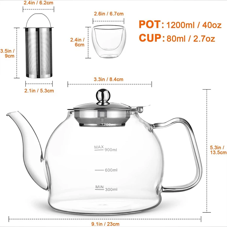 Stovetop & Microwave Safe Glass Teapot (50 Oz) With Removable Loose Tea