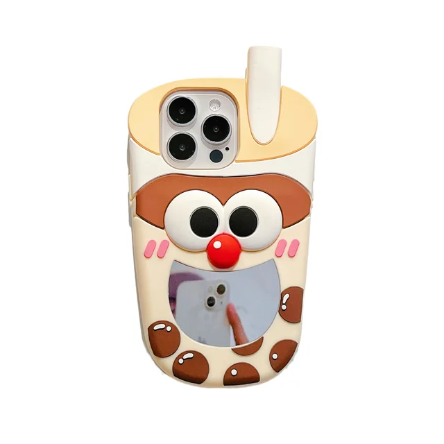 Creative Cartoon Cute Mirror Bubble Tea Silicone Shockproof Protective Phone Cover Case For iPhone 11 12 13 14 15 Pro Ma