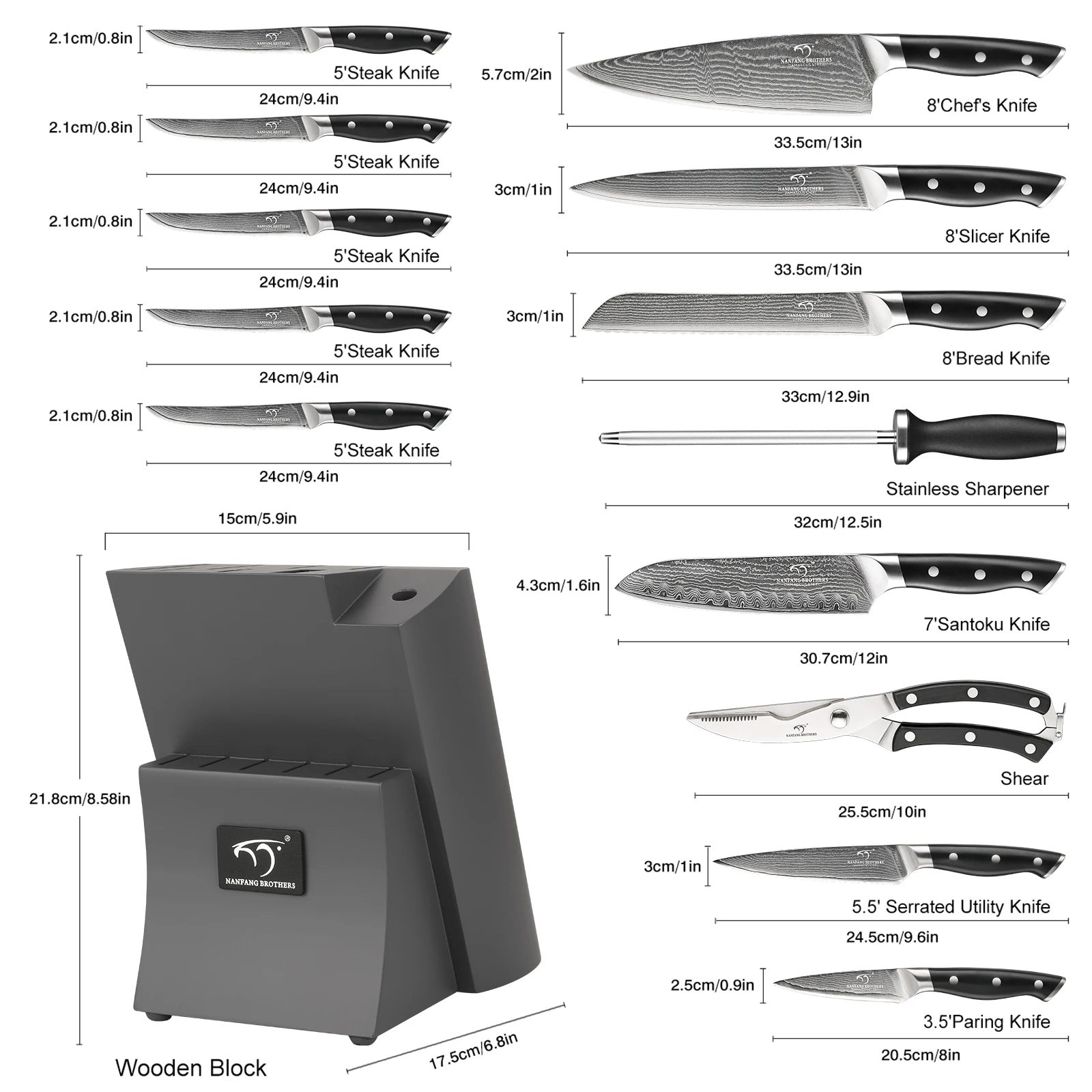 Nanfang Brothers 14-teiliges Damast-Küchenmesserset mit Messerschärfer und Messerblock aus Holz_voghion.com