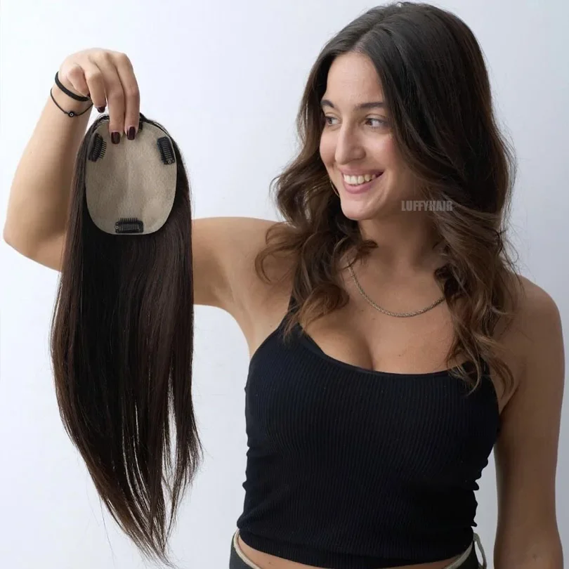 Parrucca da donna marrone in seta con base in pelle per capelli umani europei per calvizie, sottile e fine, nastro adesivo gratuito 6X6 pollici_voghion.com