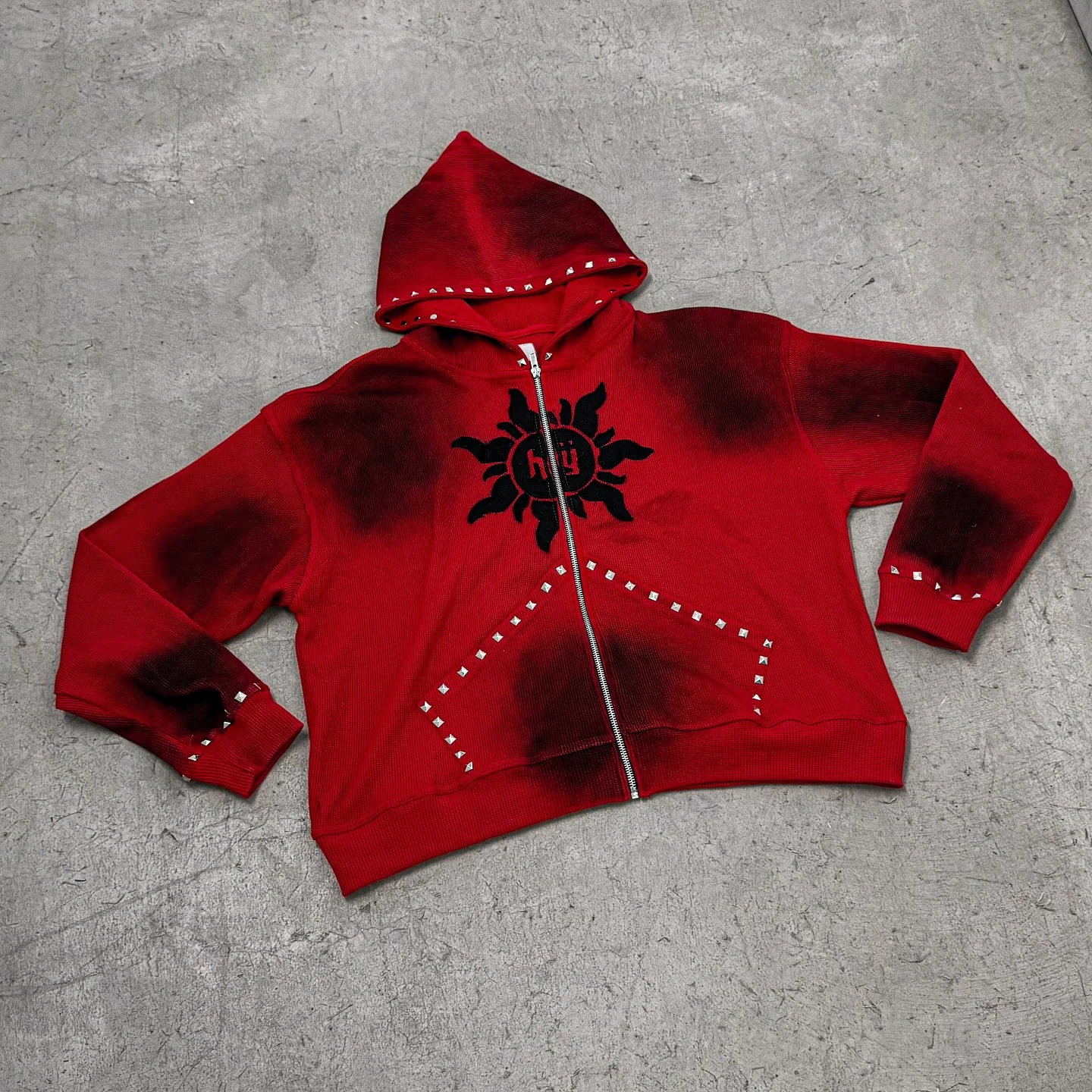 Salati Thick Cotton Acid Washed Streetwear Hoodie Custom Distressed Embroidery Patched Men Sunfaded Rhinestone Patch Hoodie gallery 8