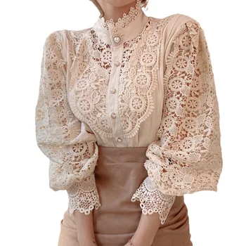 Camisas De Mujer Blouse Vintage Elegant Embroidered Lace Blouse Stand Collar Puff Sleeve Beautiful Women'S Fashion Blouses 2022