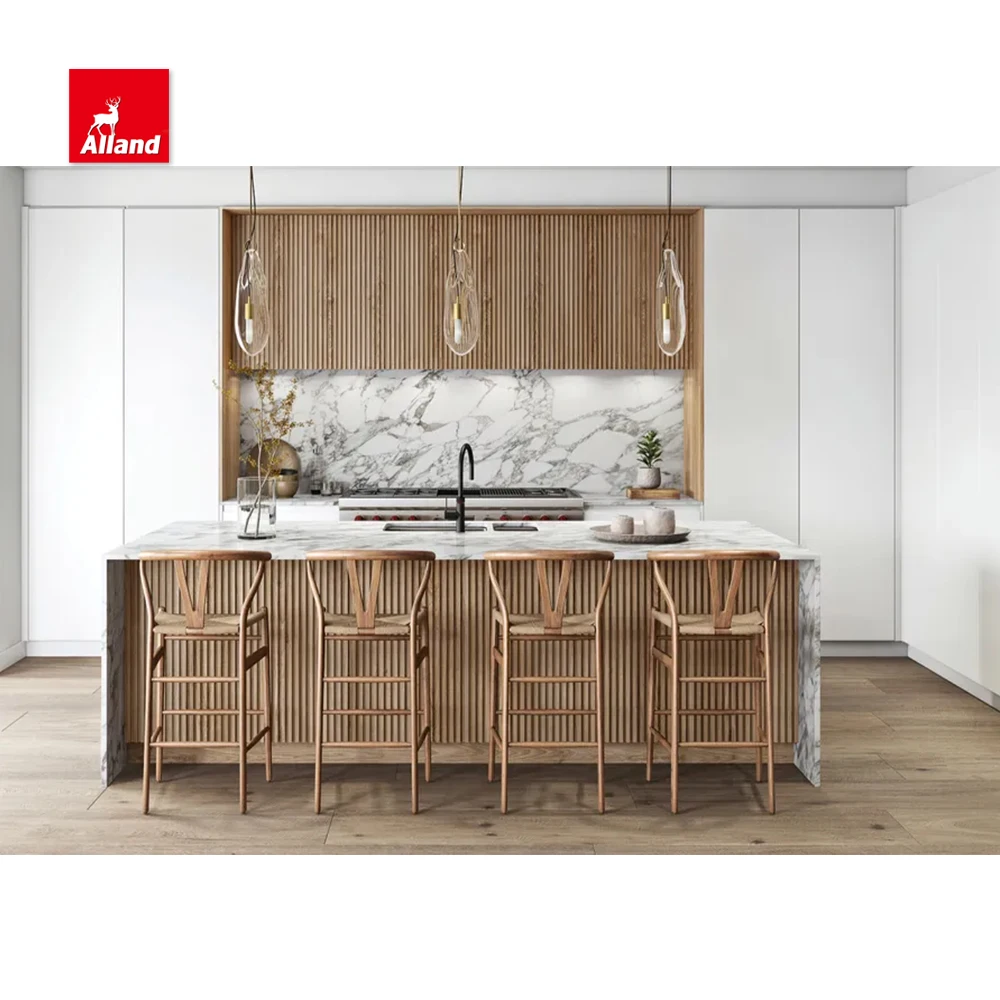 AllandCabinet Modern Design Timber Veneer Kitchen Cabinet and Fluted Panel Island Reeded Beaded Solid Wood Door Cabinets