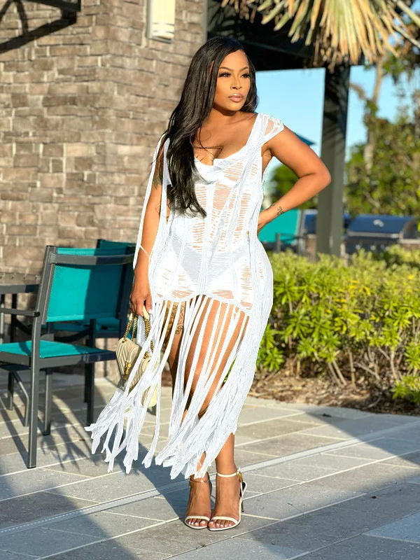 white tassel beach dress GATSBY FRINGE TASSEL DRESS