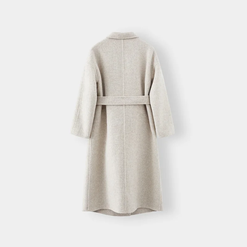 Custom Women Autumn Winter Wool Maxi Coat with Belt Lapel Solid Color Loose Cardigan Ladies Elegant Long Coat