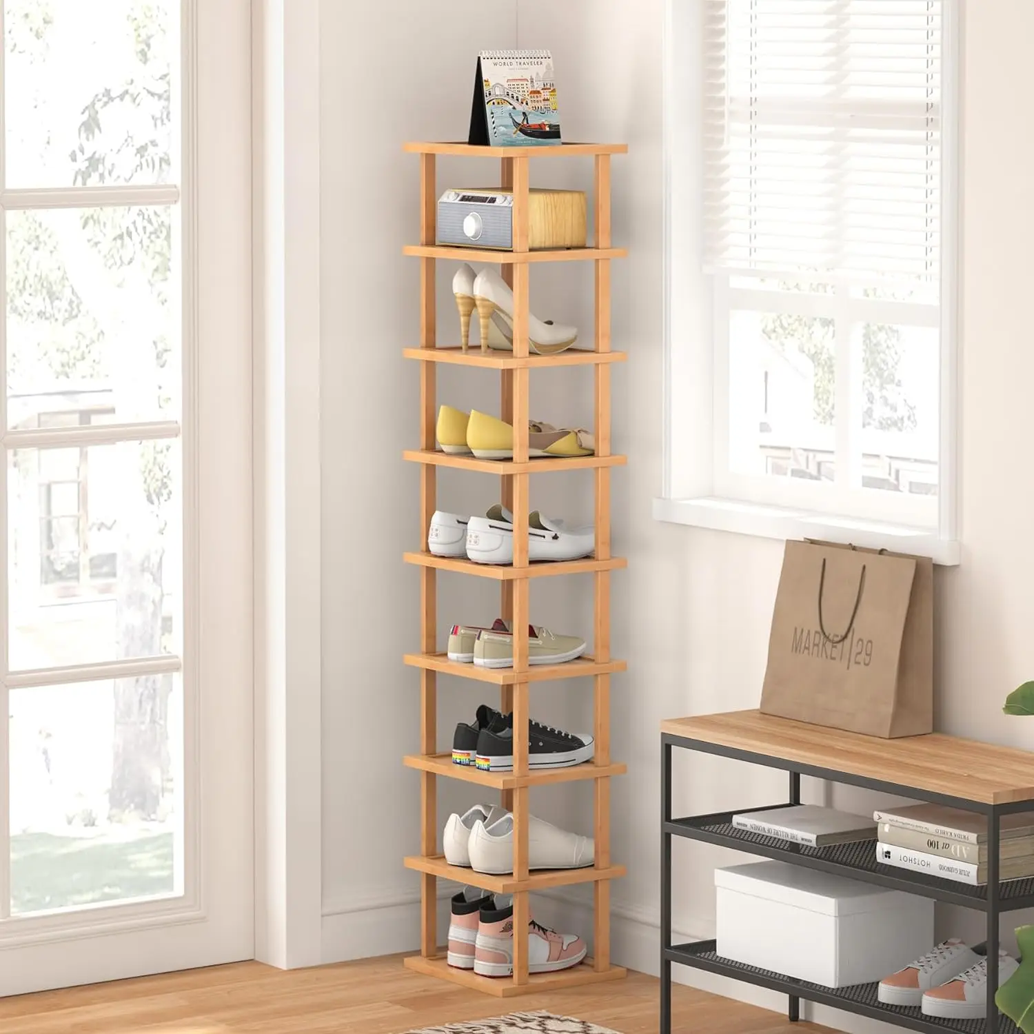 product skinny bamboo shoe rack free stackable diy vertical rack for closet entryway corner garage living room furniture-4