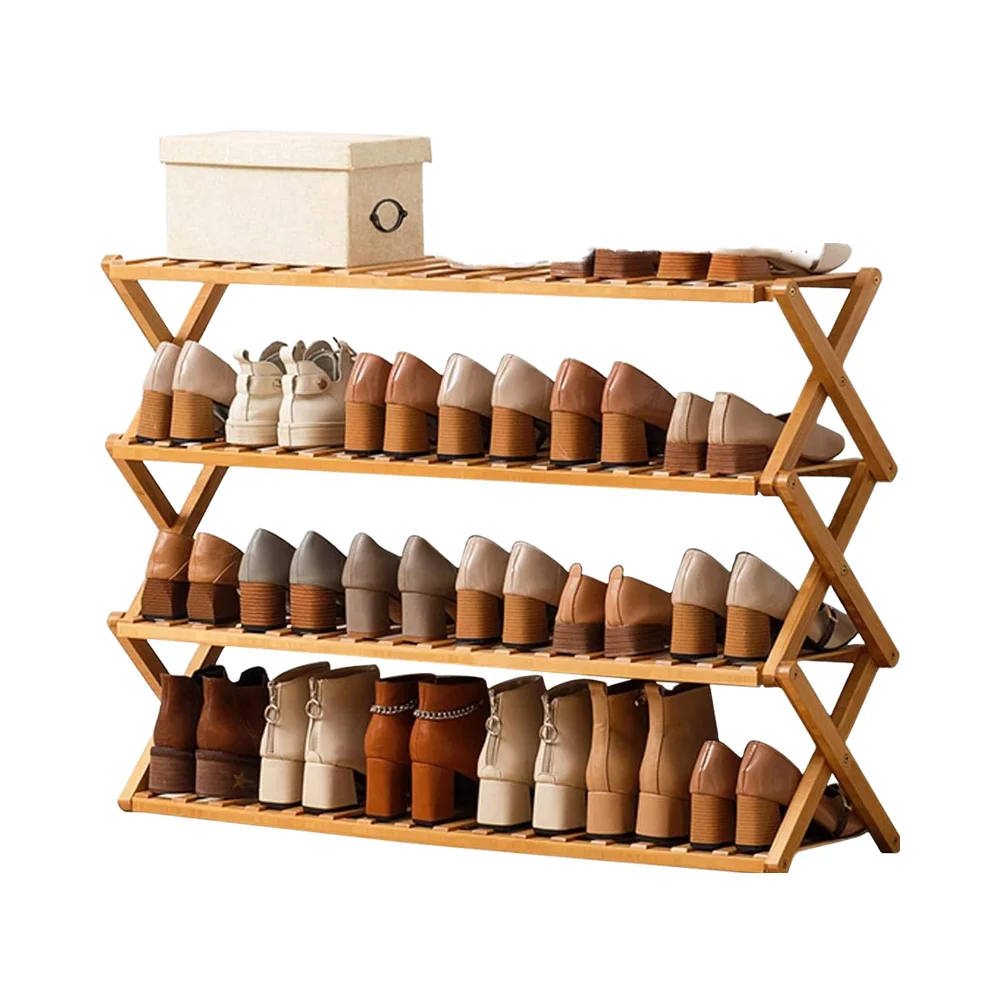 Modern Free Standing Bamboo Shoe Rack with 4 Tiers-Bedroom Closet Hallway & Living Room Organizer