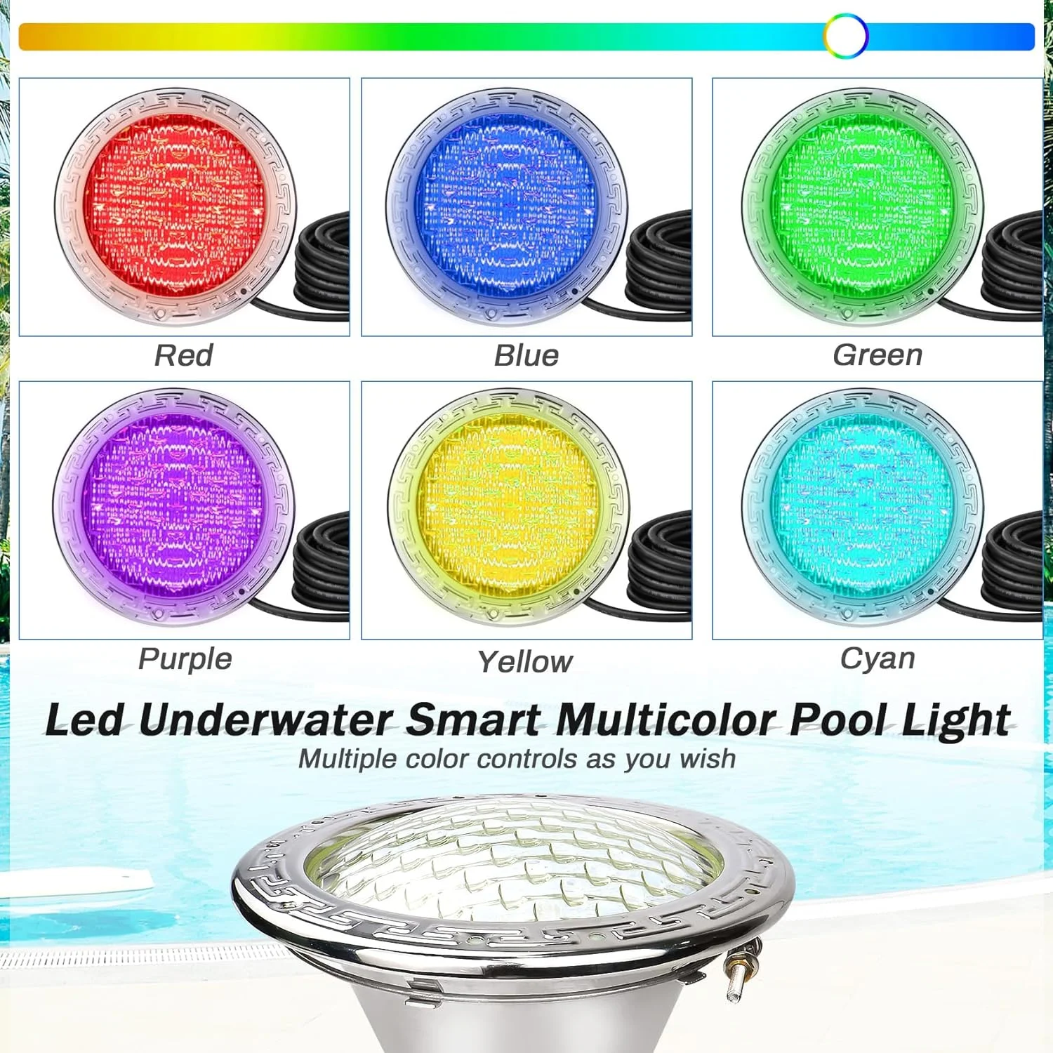 Refined 120V LED Pool Light 100FT 10 Inch Color Changing Pool Light Bulb for Inground Pool Replacement Compatible with Pentair