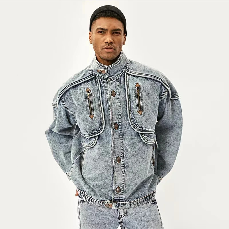 DiZNEW Vintage wash jacket Y2K button-down jeans jacket Plus-size high Street Bomber denim jacket for men supplier