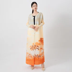 High Quality New Miyake Women's Long Coat Dress Plus Size Front Open Abaya Kaftan Robe Pleated Long Sleeves Evening Dress