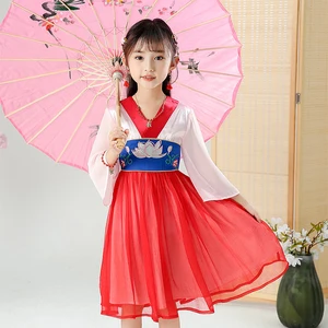 8-Year-Old Children's Girl Princess Han Chinese Style Cotton Polyester Long Sleeve Full-Length Dress Floral Sashes Christmas TV