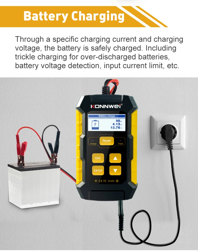 Konnwi KW510 5A Multifunction Battery Charger for Cars Motorcycles Trucks with Built-in Tester and Repair Function