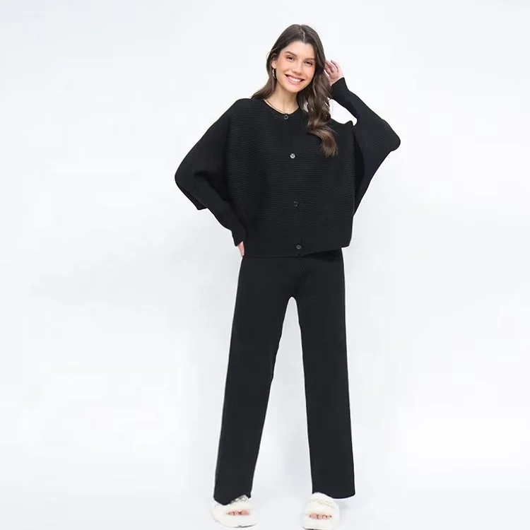 Autumn and Winter Loose Bat Sleeve Knitted Single breasted Sweater High Waist Wide Leg Pants Knitted Set for Women