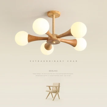 Nordic Solid Wood Light for Bedroom Living Room Dining Room Home Office Simple Wooden Hall Chandelier Clear Glass for Easy