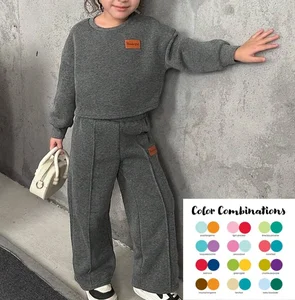 Wholesale Custom Logo Kids Girls 2 Piece Outfits Tracksuit Cotton Sweatshirt and Wide-leg Sweatpants Joggers Set