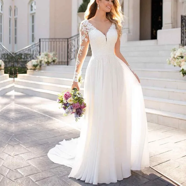 Mermaid Wedding Dresses Small Trailing V-neck Long Sleeve Backless Lawn  Wedding Dresses for Women 2023 Elegant Bridal Gown