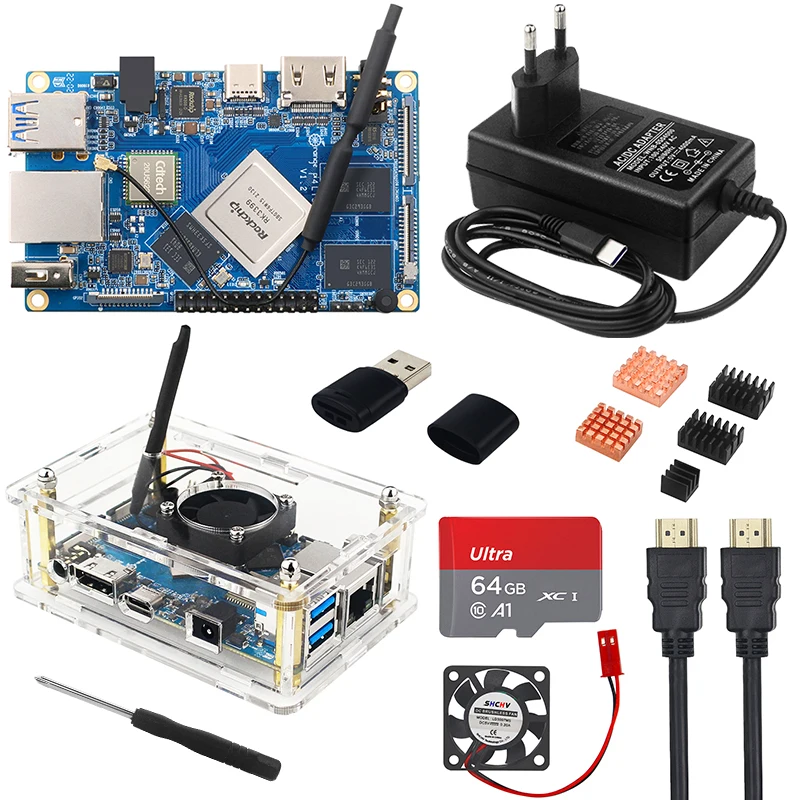 Orange Pi 4 Lts 4gb 16gb Emmc + Heat Sinks + Power Supply + Acrylic ...