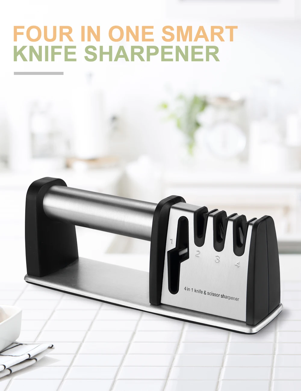 XITUO Kitchen Knife Sharpener 4 Stages 4 in 1 Diamond Coated& Fine Ceramic  Rod Knife Shears and Scissors Sharpening System Tools