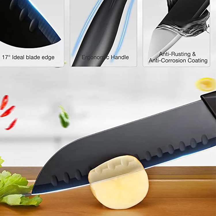 Everrich Protection Butcher Classic Utility Stainless Steel 19-Piece Kitchen Knife Set Scalloped Edge Blades Ambidextrous