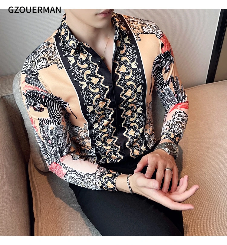 2022 Men Gentleman Long Sleeve Lapel Zebra Leaf Printed Shirt New Fashion Button Formal Royal Court Hot Sale Casual Shirt