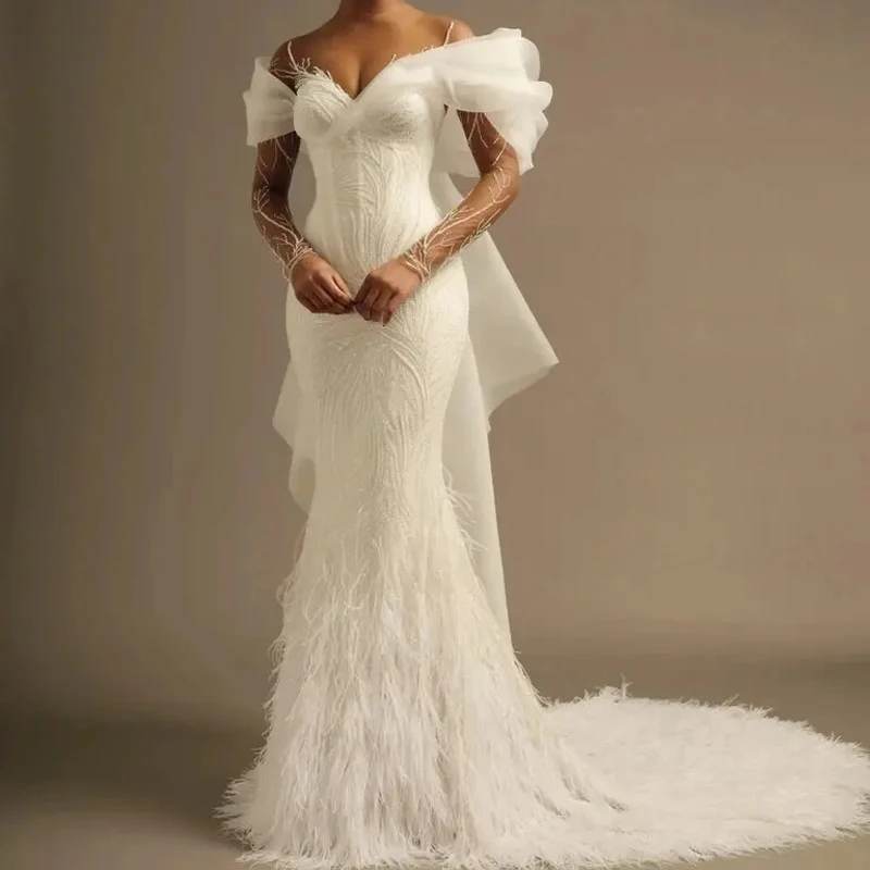 Modern Style Mermaid Wedding Dress with Beaded Feathers Lace and Flowers  Long Sleeves Detachable Train Plus Size 2 Pieces