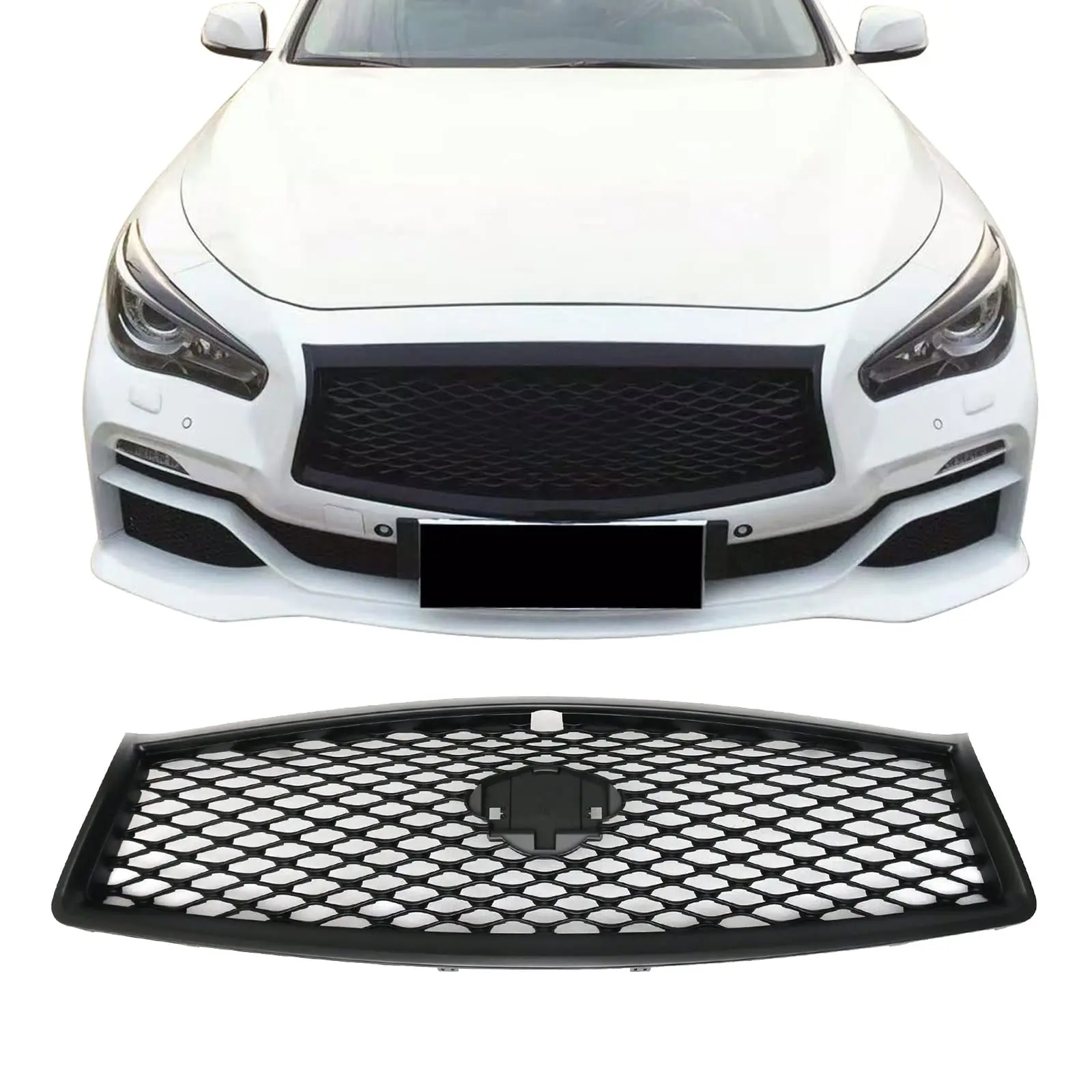 Fits for 2014-2017 Infiniti Q50 High Glossy Black Out Front bumper Hood Upper Grill Grille Replacement