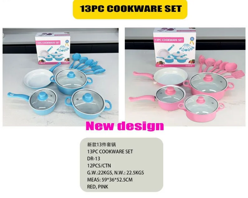 13 Pieces Cookware Pink Set Non Stick Die Casting Cast Iron Kitchen