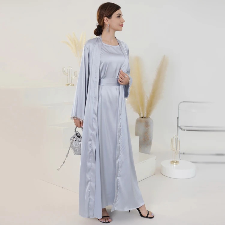 Elegant Muslim Silk Open Abaya Dresses Cardigan Kimono Long Robe Solid Color Beaded Dress Gown Jubah EID Arab Islamic Clothing