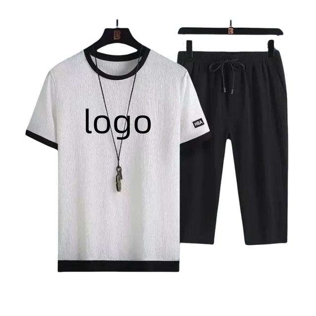 Summer casual sports suit men's ice silk short-sleeved T-shirt shorts fashion matching two-piece suit