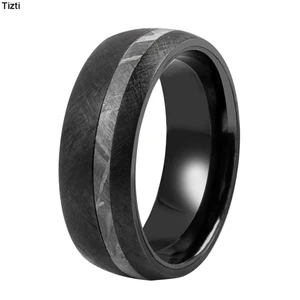 Handmade Mixed Brushed 2mm Meteorite Inlay Black Zirconium Ring