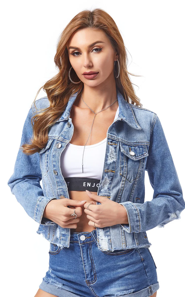 Plain Indigo Blue Stretch Distressed Basic Cropped  2022 Denim Jackets for Women
