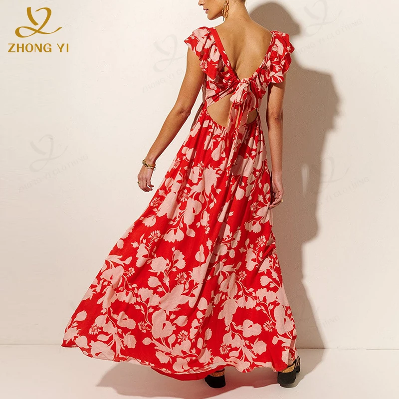 2023 Design Women Chiffon Holiday Beach Dress Long Sleeve Deep V-Neck Sex Irregular Rainbow Ruffles Ladies Dresses Maxi
