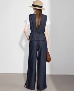 Quality Producer's Female Tie Belt Vest Set Two Pieces for Spring & Summer Shows Thin Wide Leg Pants Casual Suit Sets