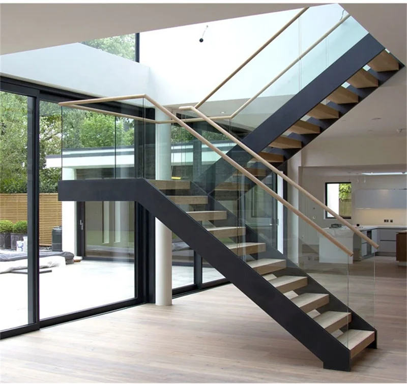Modern Double Stringer Steel Staircase Design Wood Steps U Shaped Staircase Glass Railing