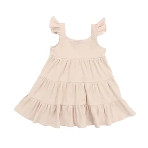 New Design Baby Clothing Rib Fabric Plain Color Flare Sleeve Design Girls Dress