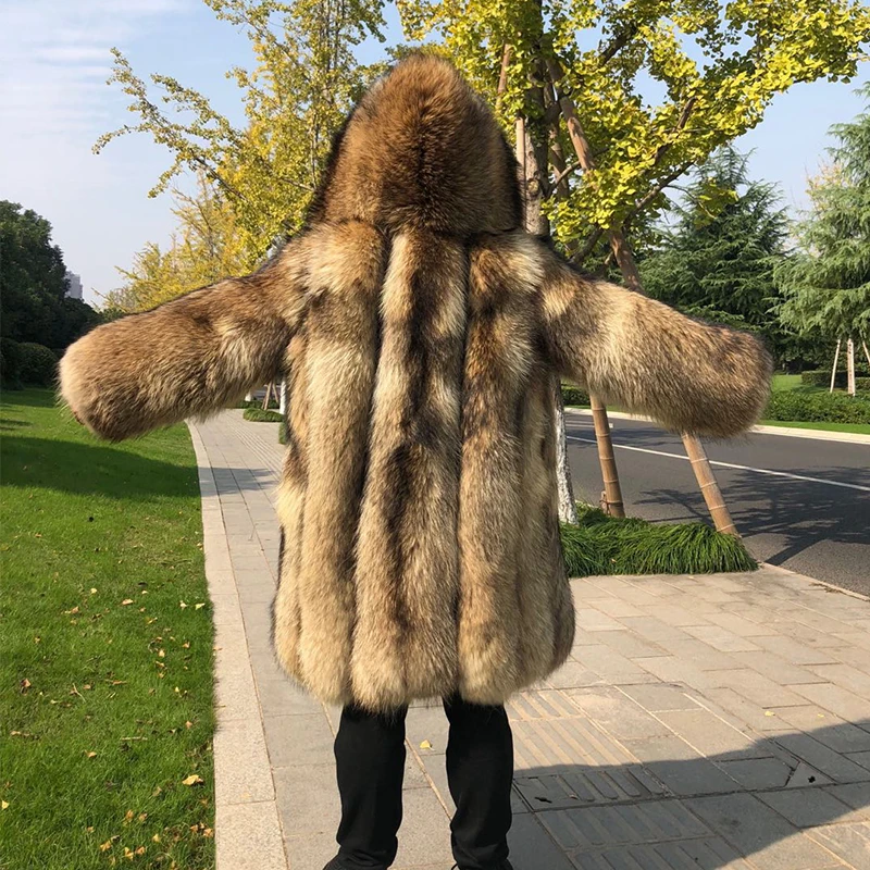 Genuine Raccoon Fur Long Coat for Men Luxury Winter Wear