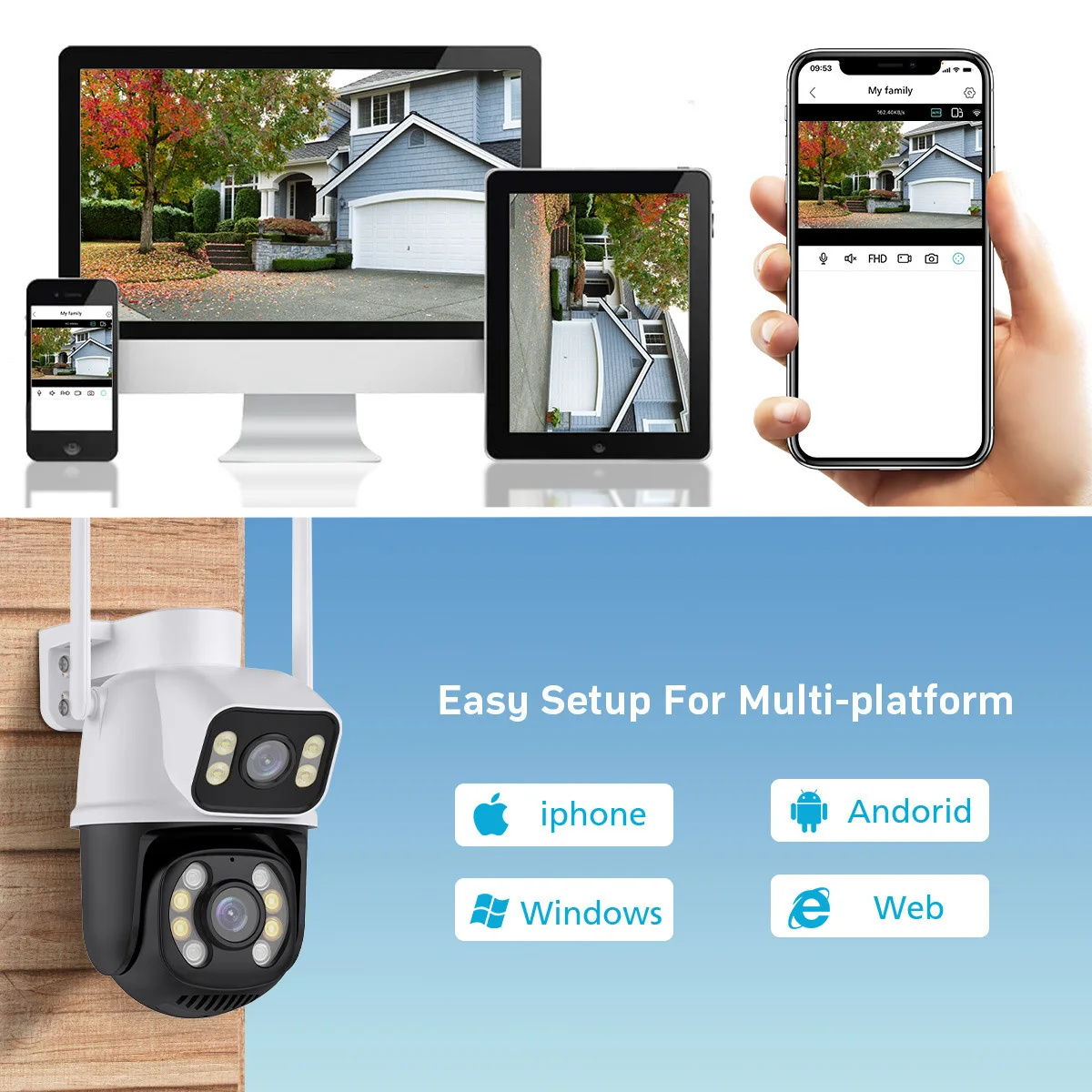 6MP Dual Lens IP66 Waterproof Color Night Vision Pan-Tilt PTZ Outdoor Security Cam Dual Intercom Two Screens ICSEE WIFI Camera