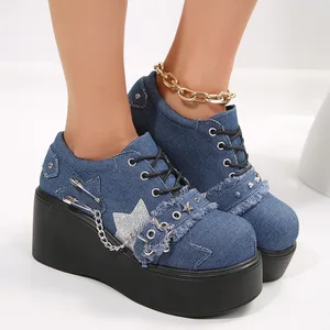 QuiteS 2026 Spring Winter New Plus Size Wedge Single Lace-up Shoes Denim Toe Large Size Fashion Casual Shoes for Ladies