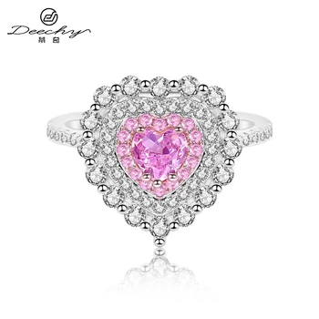 S925 sterling silver romantic zircon ring engagement pink zircon love heart ring for women