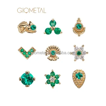 Giometal Luxury Piercing Jewelry 18KT Solid Gold  25g Chameleon Marquise Flower Crescent Threadless Ends with Emerald