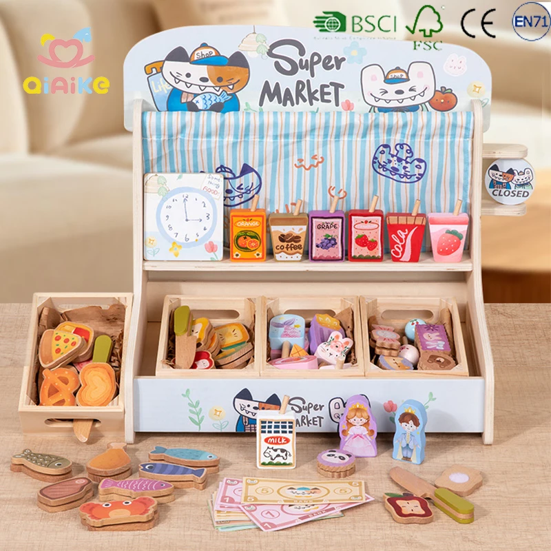 Pädagogisches Kinderspielzeug zur Simulation eines Lebensmittelgeschäfts – Rollenspiel-Set für Kinder mit Mini-Supermarkt aus Holz sowie Dessertladen zum Nachspielen