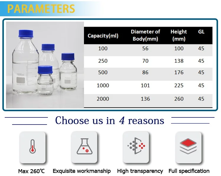 glass reagent bottle with GL45 cap