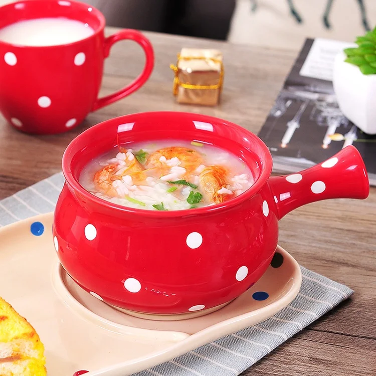 Lead-Free Safe Dinnerware Nordic Polka Dots Salad Soup Cereal Bowl Single Handle Ceramic Bowl Ceramic Handle Bowl