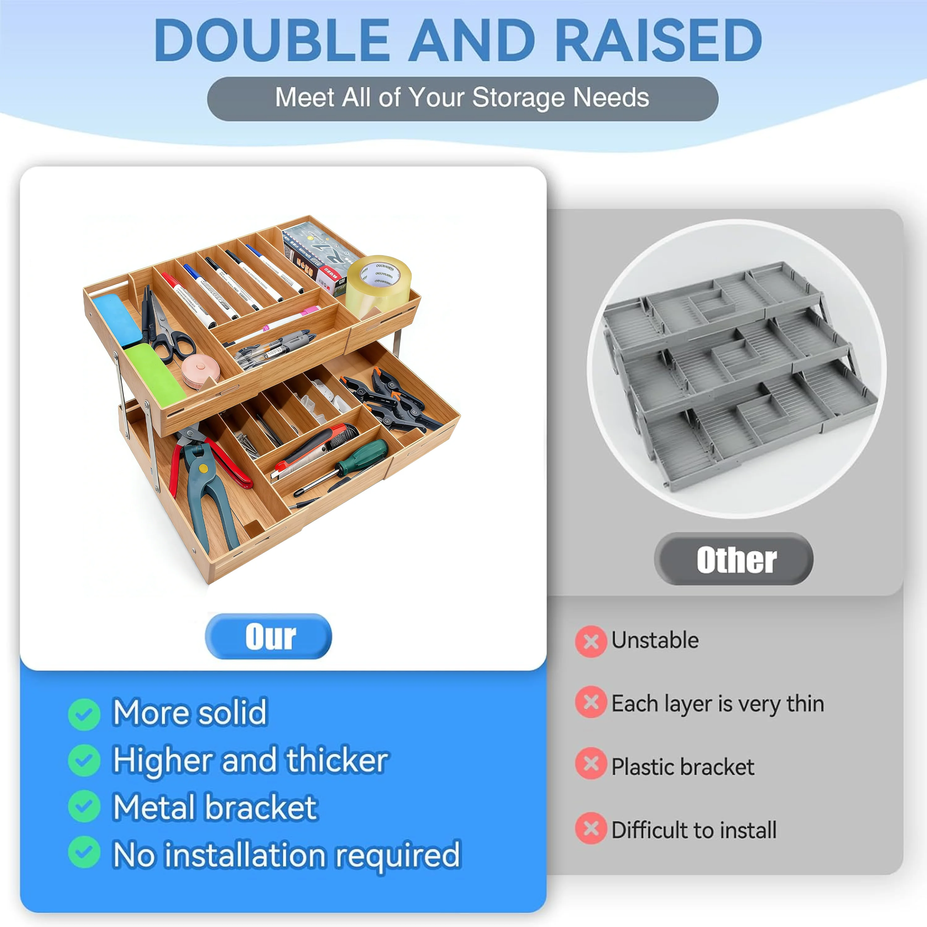 product custom  2 layer expandable tray multifunctional drawer organizer bamboo storage tray adjustable divider for office kitchen-4